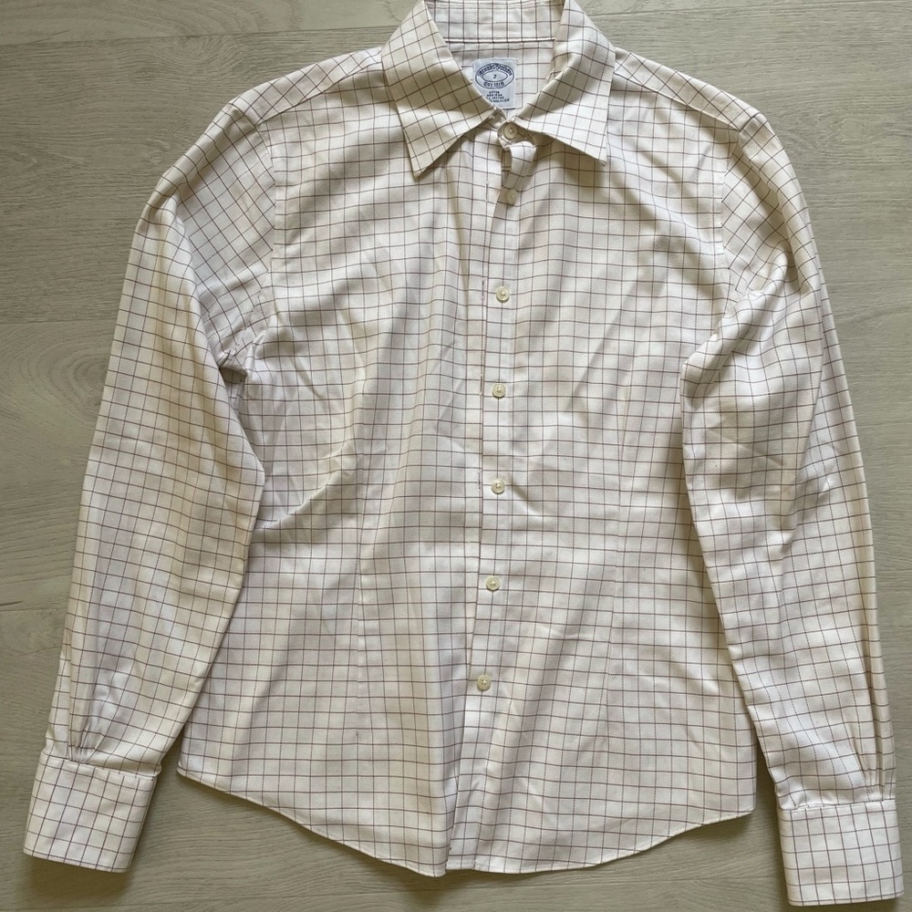 Brooks Brothers White Dress Shirt with Brown Windowpane Check